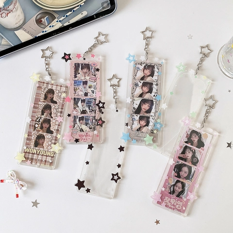 Acrylic Photocard Holder With Star Metal Keychain Pendant Four Grid Idol Photo Display Sleeve Star Pattern Card Protector