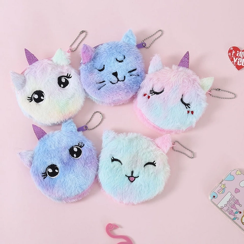 Plush Coin Purse Keychain Cartoon Cat Unicorn Tie Dye Gradient Mini Wallet For Kids Girls
