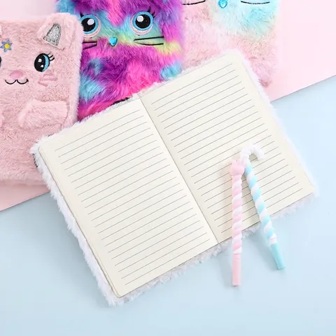 Cute Plush Unicorn Embroidery Notebook Journal For Girls Student Sweet Rainbow Faux Fur Diary Handbook Gift Stationery