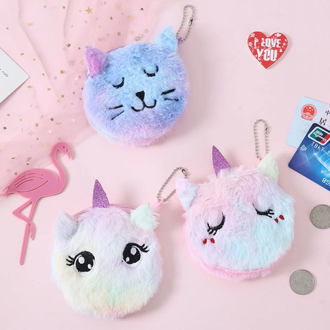 Plush Coin Purse Keychain Cartoon Cat Unicorn Tie Dye Gradient Mini Wallet For Kids Girls