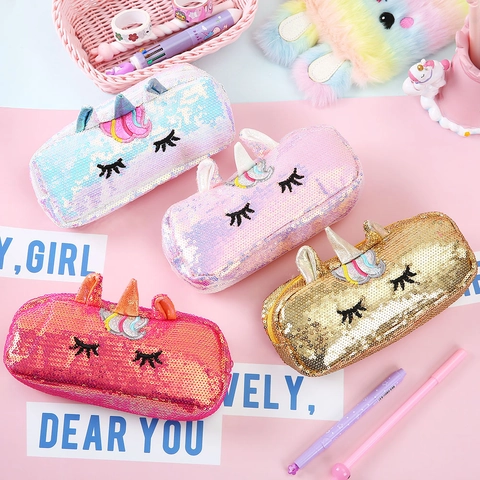 Unicorn Pencil Case Flip Sequin Stationery Bag Large Capacity Makeup Pouch 3D Horn Ears Embroidery Student Gift Rainbow