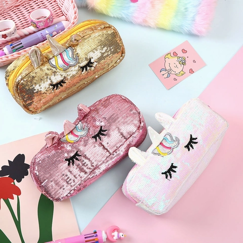 Unicorn Pencil Case Flip Sequin Stationery Bag Large Capacity Makeup Pouch 3D Horn Ears Embroidery Student Gift Rainbow