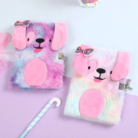 Plush Dog Notebook With Lock And Keys Cartoon Tie Dye Faux Fur Secret Diary For Girls Cute Journal