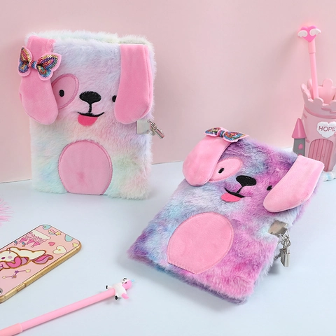 Plush Dog Notebook With Lock And Keys Cartoon Tie Dye Faux Fur Secret Diary For Girls Cute Journal