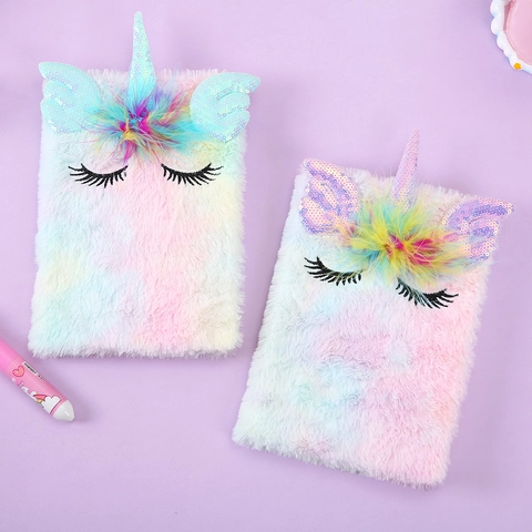 Plush Unicorn Notebook Gradient Fur Journal With Sequin Horn Feather Decoration Embroidered For Girls Students School