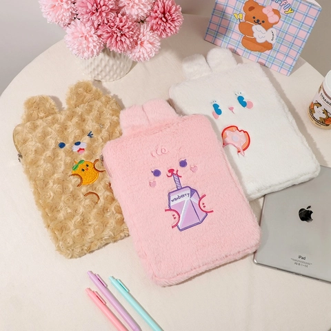 Cute Plush Tablet Sleeve Kawaii Cartoon Bear Bunny Embroidery Protective Bag Korean Style Soft Electronics Case