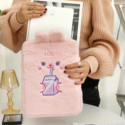 Cute Plush Tablet Sleeve Kawaii Cartoon Bear Bunny Embroidery Protective Bag Korean Style Soft Electronics Case