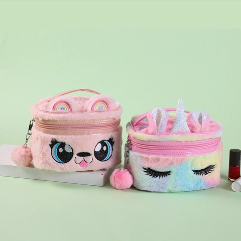 Plush Cartoon Makeup Bag Big Eyes Embroidery Unicorn Rainbow Soft Storage Handbag For Kids Girls Cute Cosmetic Pouch