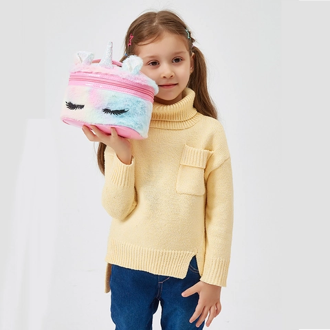 Plush Cartoon Makeup Bag Big Eyes Embroidery Unicorn Rainbow Soft Storage Handbag For Kids Girls Cute Cosmetic Pouch