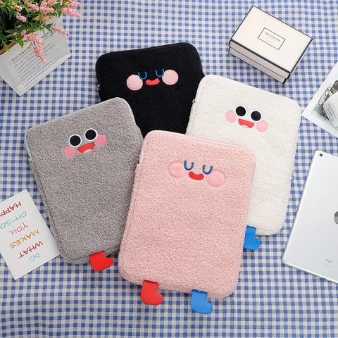 Funda Para Tableta De Felpa De Dibujos Animados Terciopelo De Cordero Antigolpes Bolsa Protectora Bordado Cremallera