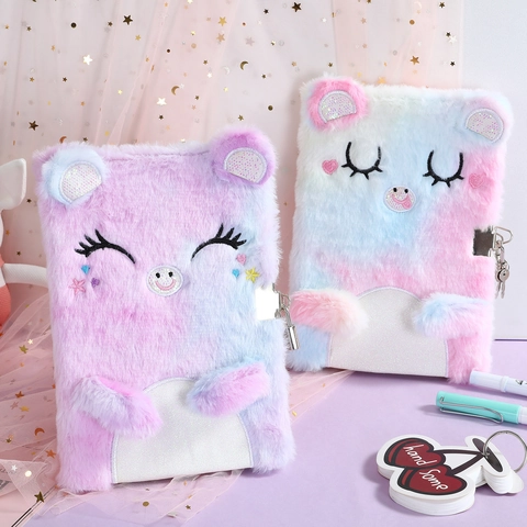 Plush Locked Diary For Girls Cute Cartoon Gradient Secret Notebook With Lock And Keys Faux Fur Journaling Gift