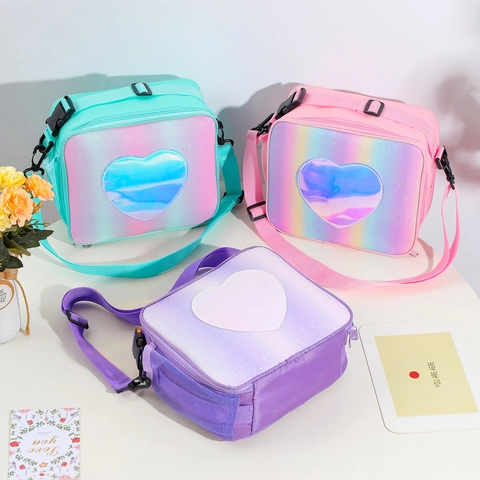 Isoliert Lunchtasche Regenbogen Glitzer Mit Holografischem Herz Laser Patch Verstellbarer Schultergurt Für Mädchen