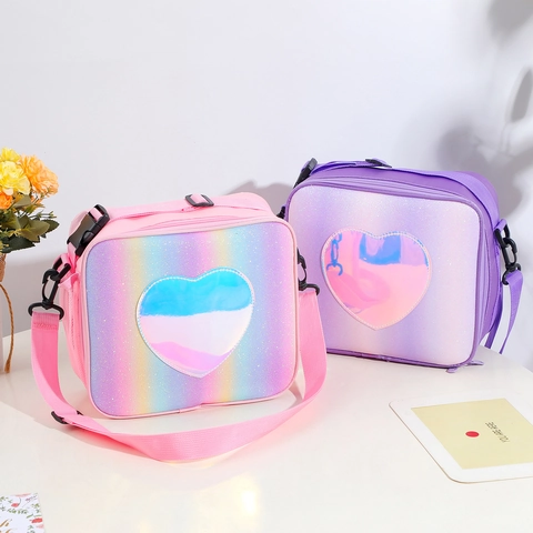 Glitter Laser Heart Insulated Lunch Bag Colorful Portable Bento Box Bag Girly Single Shoulder Bag Outdoor Picnic Backpack QT03