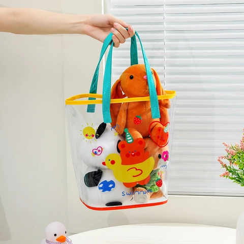 Cartoon Bear Rabbit Print Transparent PVC Jelly Handbag Portable Waterproof Swimming Storage Beach Bag For Women Girls