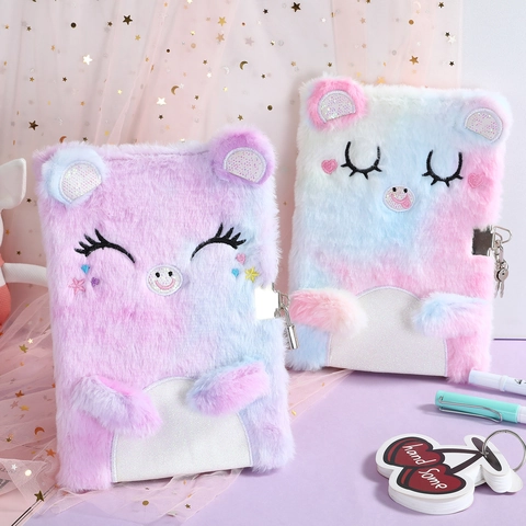 Plush Locked Diary For Girls Cute Cartoon Gradient Secret Notebook With Lock And Keys Faux Fur Journaling Gift