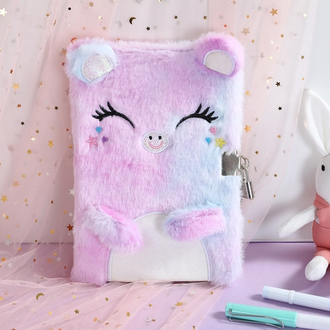 Plush Locked Diary For Girls Cute Cartoon Gradient Secret Notebook With Lock And Keys Faux Fur Journaling Gift