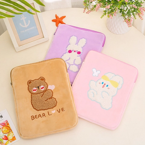 Plush Laptop Sleeve Case Cartoon Bear Rabbit Embroidery Shockproof Protective Tablet Inner Bag For Women Students