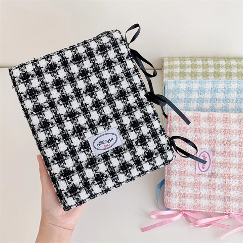 Tweed Fabric Plaid Photocard Collect Book A5 Loose-leaf Photo Album With Satin Ribbon Bow Tie Closure For Cards Storage