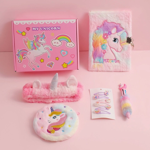 Einhorn Schreibwaren Geschenkbox Plüsch Tagebuch Kugelschreiber Haarschmuck Geldbörse Für Mädchen Rosa Regenbogen Geschenk