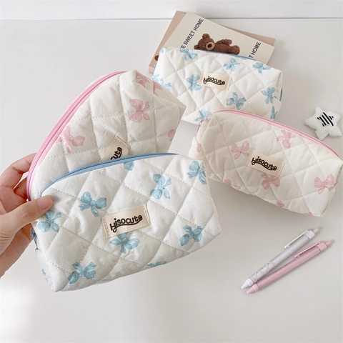 Astuccio in Cotone Trapuntato Grande Capacità Con Motivo a Fiocco Dolce Borsa Per Trucco Per Studentesse Cancelleria Coreana