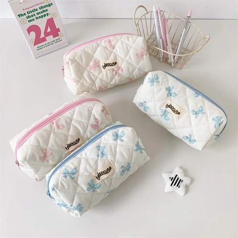 Trousse Matelassée en Polyester avec Imprimé Nœud Grande Capacité Organisateur de Papeterie Pochette à Cosmétiques Portable