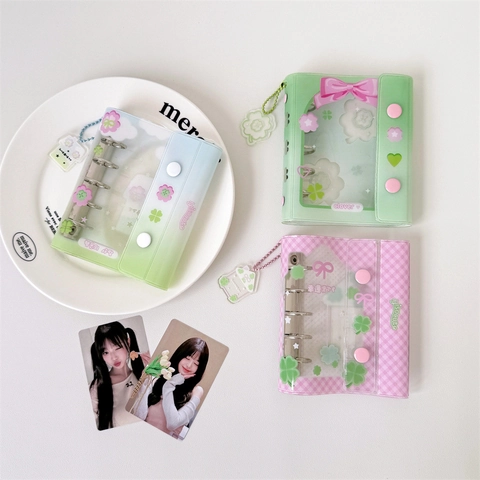 Mini Photocard Binder 3 Inch PVC Loose Leaf Photo Album With Clover Pendant For Idol Cards Collection Korean Style Card Holder