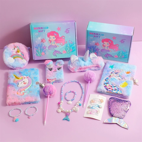 Diario Peluche Con Lucchetto Borsetta Paillettes Bracciale Perline E Penna Pompon Sirena Unicorno Cancelleria Regalo Ragazze