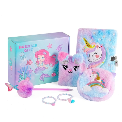 Set Scatola Regalo Cancelleria Per Bambini Sirena Unicorno Diario Di Peluche Con Lucchetto Portamonete Con Paillettes Regalo Compleanno Scuola Ragazze