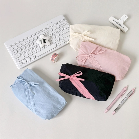 Minimalist Solid Color Pencil Case With Ribbon Bow Polyester Stationery Storage Pouch For Students Women Zippered Pen Bag