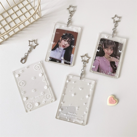 Transparenter Acryl Kartenhalter Schlüsselanhänger Sternschnalle Schleife Schmetterling Blumenmuster Fotoschutz ID Ausweishülle Tasche Anhänger