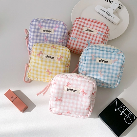 Women Square Checkered Makeup Bag Bowtie Print Polyester Mini Cosmetic Pouch Portable Travel Lipstick Coin Storage Bag