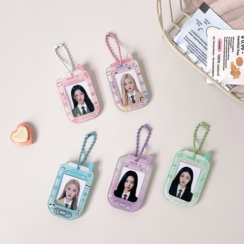 Phone Shape Acrylic Photo Frame Keychain Card Holder Macaron Color Cartoon Heart Cutout ID Card Photocards Bag Charm