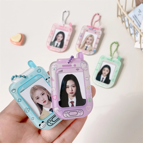 Phone Shape Acrylic Photo Frame Keychain Card Holder Macaron Color Cartoon Heart Cutout ID Card Photocards Bag Charm