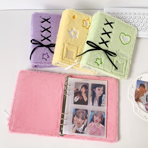 Plush Photocard Binder Loose Leaf Album Ribbon Bow Star Heart Embroidery Kpop Card Collector Book Sweet Girl Style