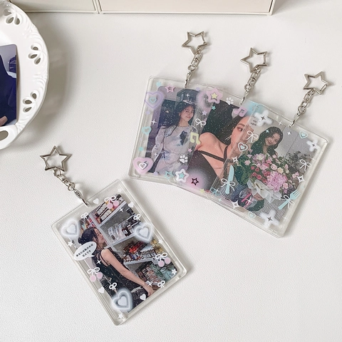 Portatarjetas De Fotos De Acrílico Transparente Con Purpurina Llavero Hebilla De Estrella Patrón De Corazón Funda Decorativa