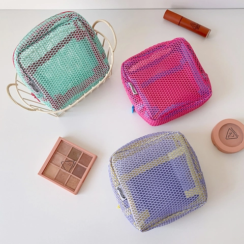 Borsa Da Trucco In Rete Quadrata Pochette Per Cosmetici Portatile Trasparente Leggera Organizer Per Articoli Da Toeletta