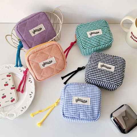Quilted Checkered Small Square Storage Bag Portable Cotton Cosmetic Pouch With Zipper For Lipstick Earphone Women Girl