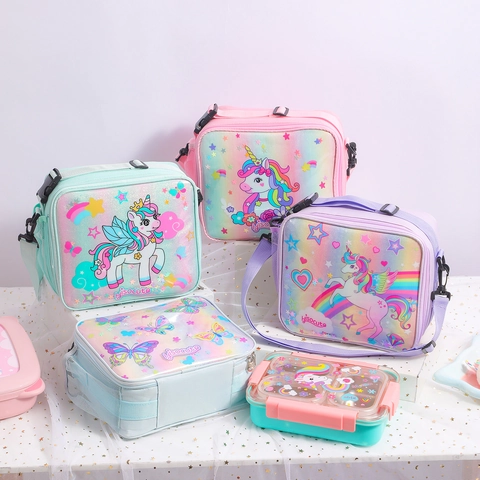 Cartoon Unicorn Butterfly Insulated Lunch Bag For Kids Glitter Rainbow Thermal Bento Bag With Adjustable Strap For School Picnic