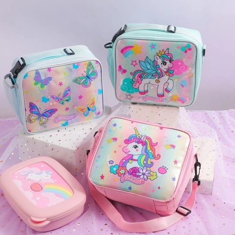 Cartoon Unicorn Butterfly Insulated Lunch Bag For Kids Glitter Rainbow Thermal Bento Bag With Adjustable Strap For School Picnic
