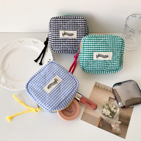 Quilted Checkered Small Square Storage Bag Portable Cotton Cosmetic Pouch With Zipper For Lipstick Earphone Women Girl