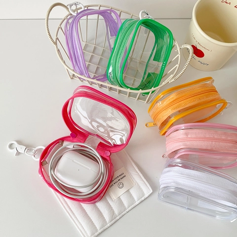 Mini Clear Storage Bag PVC Transparent Zippered Pouch With Hook For Earphones Dolls Keychain Accessory
