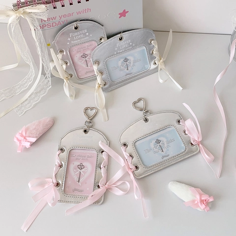 Silver PU Leather Card Holder With Ribbon Bow Balletcore Y2K Style Heart Hook Photocard Protector For Bag Pendant