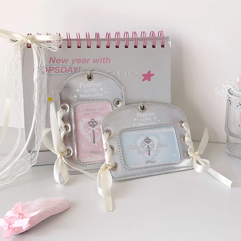 Silver PU Leather Card Holder With Ribbon Bow Balletcore Y2K Style Heart Hook Photocard Protector For Bag Pendant