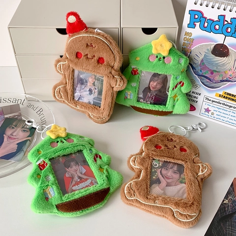 Christmas Plush Photo Card Holder Cute Gingerbread Man Tree Shape Idol Photocard Protector Bag Charm Keychain For Women