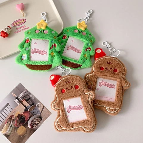 Christmas Plush Photo Card Holder Cute Gingerbread Man Tree Shape Idol Photocard Protector Bag Charm Keychain For Women