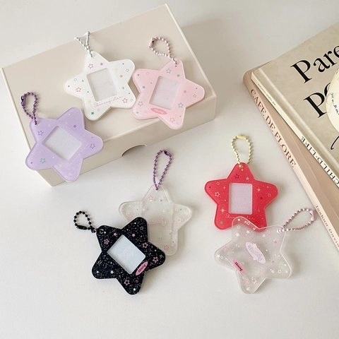 Pentagram Acrylic Glitter Card Holder Keychain Shining Star Photocard Protector With Ball Chain For Student Idol Photo