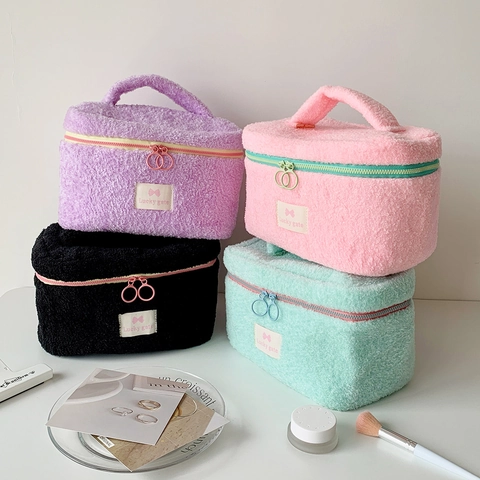 Borsa Trucco In Peluche Grande Capacità Pochette Per Cosmetici In Morbida Lana Di Agnello Con Manico Organizer Da Viaggio