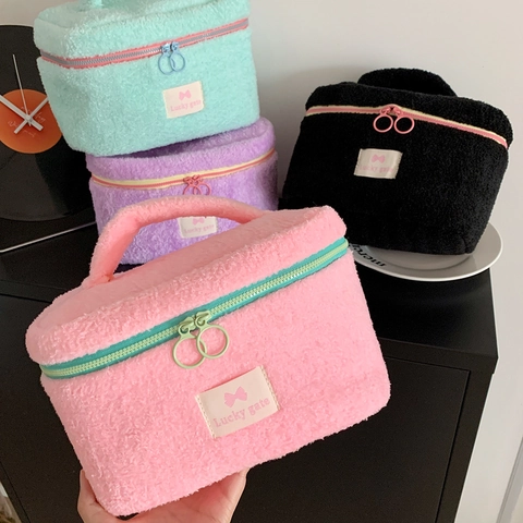 Borsa Trucco In Peluche Grande Capacità Pochette Per Cosmetici In Morbida Lana Di Agnello Con Manico Organizer Da Viaggio