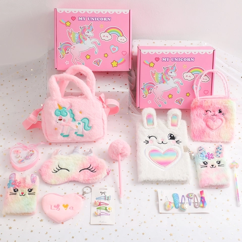 Kinder Plüsch Notizbuch Handtasche Schreibwaren Geschenkbox Cartoon Einhorn Hase Schlafmaske Haarspangen Stift Für Mädchen