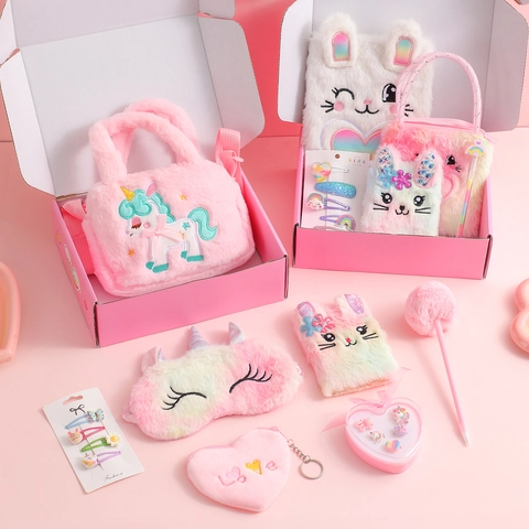 Kinder Plüsch Notizbuch Handtasche Schreibwaren Geschenkbox Cartoon Einhorn Hase Schlafmaske Haarspangen Stift Für Mädchen